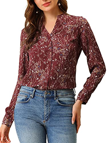 Allegra K Damen Chiffon Floral Tops V Ausschnitt Langarm Knopfleiste Bluse Shirt, burgunderfarben, Klein von Allegra K