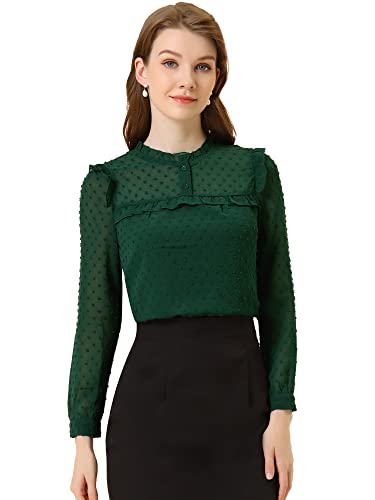 Allegra K Damen Polka Dots Shirt Langarm Durchsichtig Rüschen Elegant Oberteil Punkte Bluse Grün XL von Allegra K