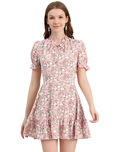 Allegra K Damen Chiffon Kleid Floral Rüschen Puffärmel Kurzarm Sommerkleid, Pink / Weiß, X-Groß von Allegra K