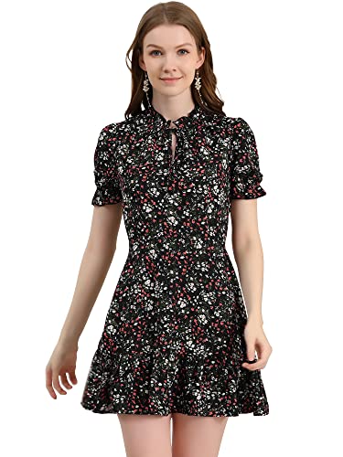 Allegra K Damen Chiffon Kleid Floral Rüschen Puffärmel Kurzarm Sommerkleid, schwarz-weiß, Mittel von Allegra K