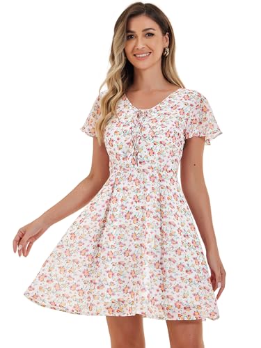 Allegra K Damen Chiffon-Kleid mit Blumenmuster, Frühling, Sommer, ausgestellt, kurze Ärmel, Schnürung, V-Ausschnitt, Chiffon-Kleid, Weiß, Pink, Groß von Allegra K
