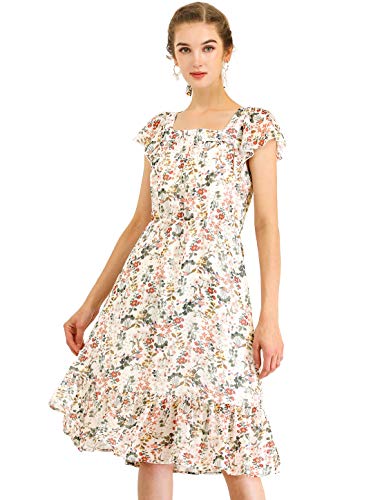 Allegra K Damen Chiffon-Kleid mit Flatterärmeln und Gürtel, quadratischer Ausschnitt, gerüschter Saum, weiß, 42 von Allegra K