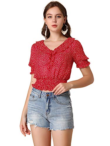 Allegra K Damen Chiffon Rüschen V Ausschnitt Kurzarm Bluse Sommer Vintage Polka Dots Gesmoktes Crop Top - Rot - Groß von Allegra K