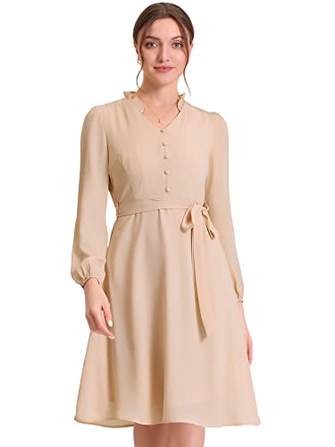 Allegra K Damen Chiffonkleid Langarm V-Ausschnitt Bogengürtel Rüschen Minikleid Kleid Beige XS von Allegra K