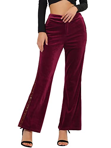 Allegra K Damen Christmas Bell Bottom Shiny Stripe Side Wide Leg Ausgestellte Samthose mit Taschen Hose Burgundy S von Allegra K