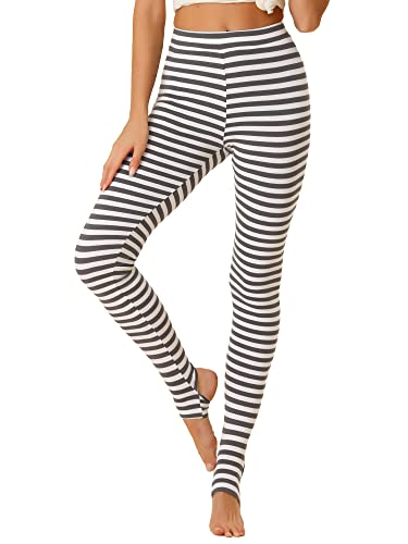 Allegra K Damen Legging High Waist Sportleggings Blickdicht Hose Elastisches Hosenbund Trousers Jogginghose Grau Weiß Streifen XL von Allegra K