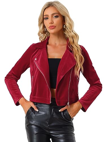 Allegra K Damen Christmas Samt Reißverschluss Reverskragen Weihnachten Moto Bikerjacke Rot XS von Allegra K