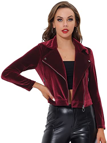 Allegra K Damen Christmas Samt Reißverschluss Reverskragen Weihnachten Moto Bikerjacke Weinrot S von Allegra K