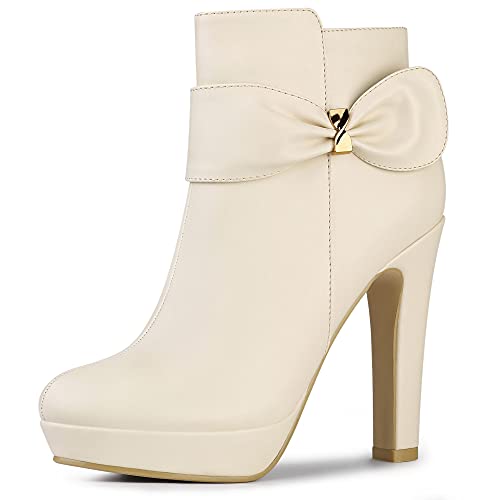 Allegra K Damen Chunky High Heels Plateau Stiefeletten mit Schleifendekor Beige 39 von Allegra K