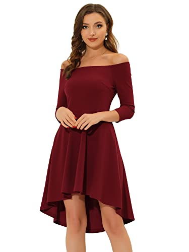 Allegra K Damen Cocktail Kleid Schulterfrei 3/4 Ärmel Asymmetrische Rüschen Partykleid Samt Minikleid Burgunderrot XS von Allegra K