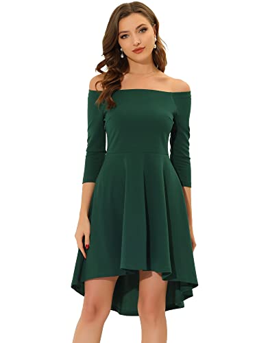 Allegra K Damen Cocktail Kleid Schulterfrei 3/4 Ärmel Asymmetrische Rüschen Partykleid Samt Minikleid Grün XS von Allegra K