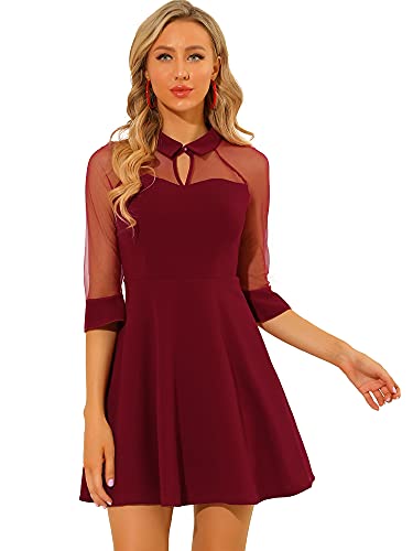 Allegra K Damen 3/4 Ärmel A-Linien Schlüsselloch Mesh Party Cocktailkleid Kleid Burgund M von Allegra K