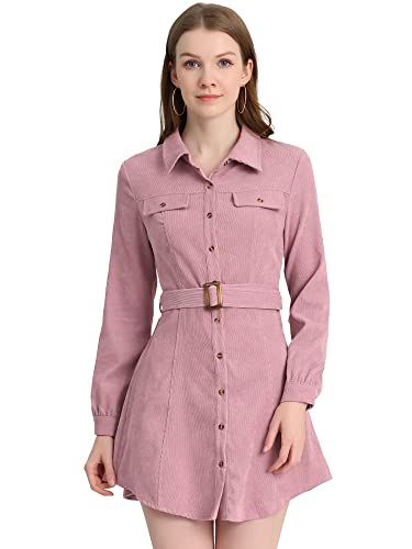 Allegra K Damen Cord-Safari Point Kragen Gürtel Button Down Langarm Hemdkleid Altrosa M von Allegra K