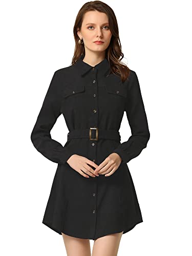 Allegra K Damen Cord-Safari Point Kragen Gürtel Button Down Langarm Hemdkleid Schwarz L von Allegra K