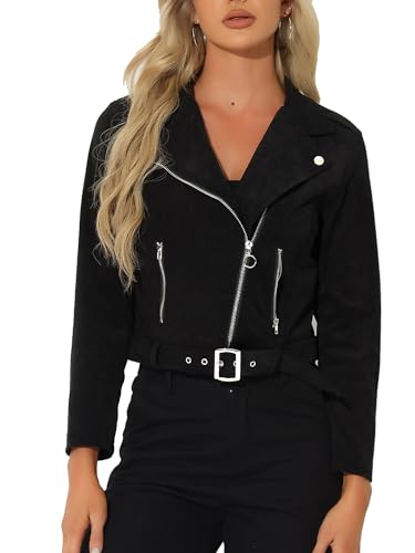 Allegra K Damen Cordjacken Gekerbt Revers Reißverschluss Motor Jacke mit Taschen Schwarz M von Allegra K