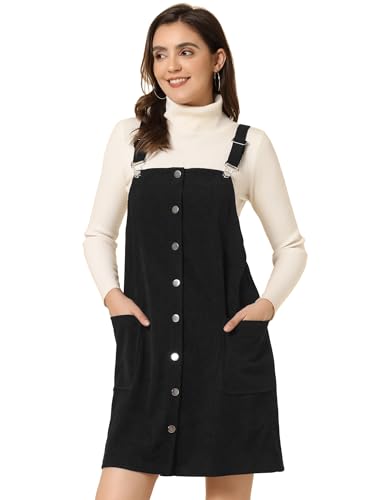 Allegra K Damen Cordkleid Verstellbare Träger Button Down Schürze Overall Kleid mit Taschen, Schwarz, Klein von Allegra K