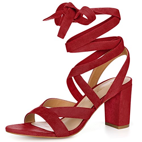 Allegra K Damen Crisscross Chunky Heel Schnürsandalen rot 36 von Allegra K