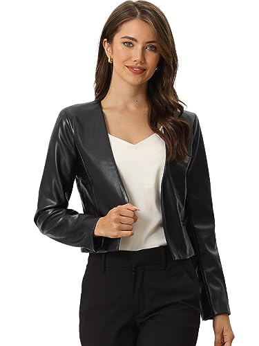 Allegra K Damen Crop Blazer Kunstleder Kragenlos PU Moto Biker Offener Vorderseite Jacken Schwarz S von Allegra K