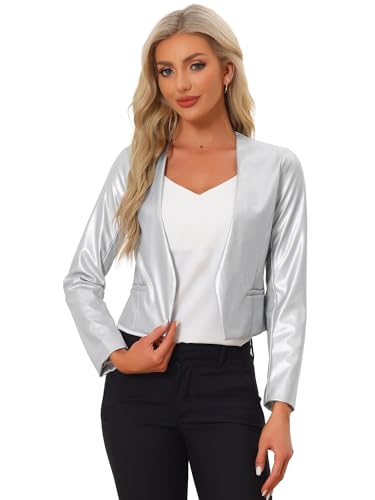 Allegra K Damen Crop Blazer Kunstleder Kragenlos PU Moto Biker Offener Vorderseite Jacken Silber S von Allegra K