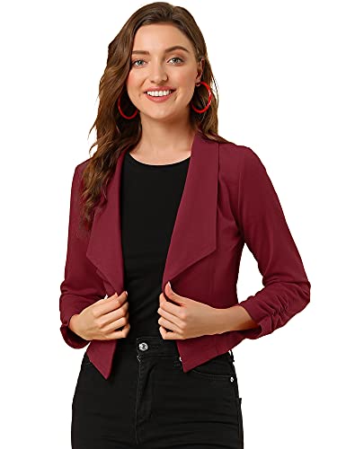 Allegra K Damen Crop Blazer Schal Revers Langarm Open Front Anzug Jacke, burgunderfarben, 34 von Allegra K