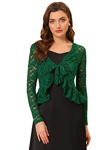 Allegra K Damen Spitzenbolero Langarm Bolero Durchsichtig Rüschensaum Crop Blumen Shrug Dunkelgrün XS von Allegra K