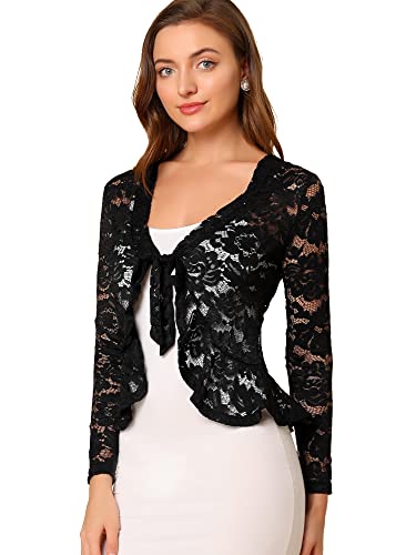 Allegra K Damen Spitzenbolero Langarm Bolero Durchsichtig Rüschensaum Crop Blumen Shrug Schwarz L von Allegra K