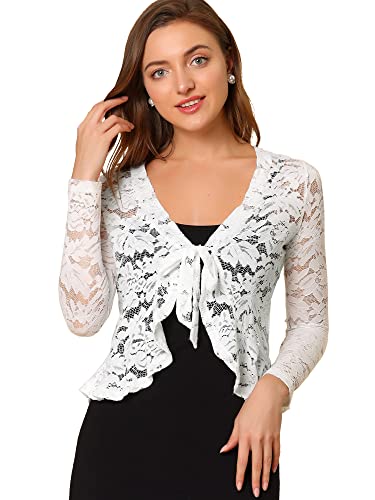 Allegra K Damen Spitzenbolero Langarm Bolero Durchsichtig Rüschensaum Crop Blumen Shrug Weiß M von Allegra K