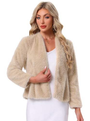 Allegra K Damen Crop Fell Kunstpelz Wintermantel Langarm Offen Front Hochzeits Braut Winterjacke Champagner Gold M von Allegra K