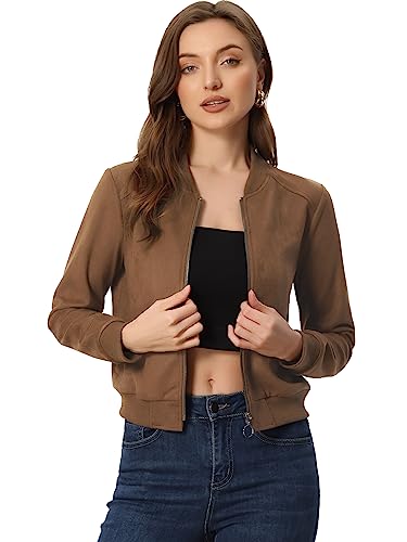 Allegra K Damen Crop Jacke Stehkragen Reißverschluss Faux Wildleder Biker Moto Bomberjacken Braun XL von Allegra K