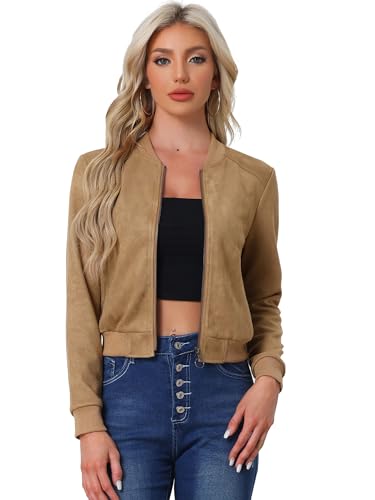 Allegra K Damen Crop Jacke Stehkragen Reißverschluss Faux Wildleder Biker Moto Bomberjacken Dunkelkhaki XL von Allegra K