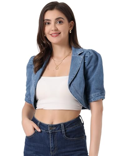 Allegra K Damen Crop Jeans Jacken Revers Open Front Denim Jacke mit Kurzen Ärmeln Blau XL von Allegra K