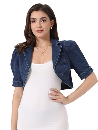 Allegra K Damen Crop Jeans Jacken Revers Open Front Denim Jacke mit Kurzen Ärmeln Drak Blau L von Allegra K