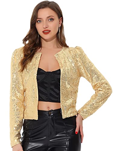 Allegra K Damen Pailletten Jacke Langarm Party Club Offen Glitzer Cardigan Metallic Jacket Gold M von Allegra K