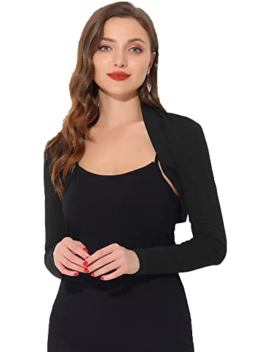 Allegra K Damen Bolero Langarm Festlich Crop Strick Jacke Einfarbig Baumwolle Elegant Schulterjacke Schwarz S von Allegra K
