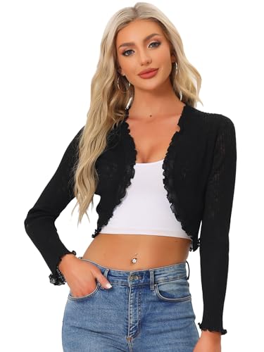 Allegra K Damen Crop Shrug Rüschen Langärm Strickjacke Elegant Offen Lässiger Bolero Cardigan Schwarz L von Allegra K