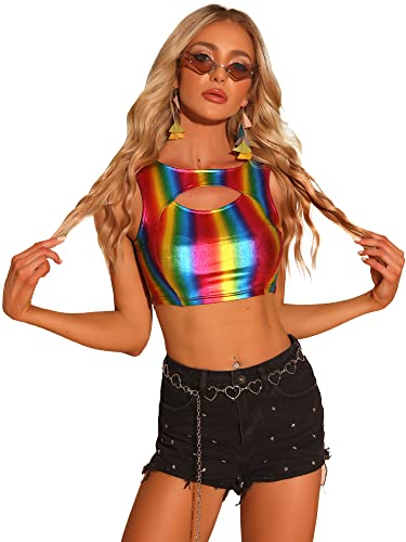 Allegra K Damen Crop Top Ärmellos Bauchfrei Party Clubwear Metallic Tank Top Oberteil Mehrfarbig L von Allegra K