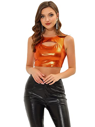 Allegra K Damen Crop Top Ärmellos Bauchfrei Party Clubwear Metallic Tank Top Oberteil Orange XL von Allegra K