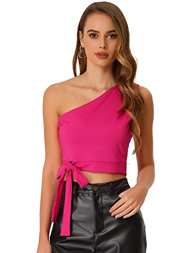 Allegra K Damen Crop Top Ärmellos EIN-Schulter Solid Tank Cami Oberteil Bluse Rosenrot M von Allegra K