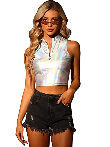 Allegra K Damen Tanktop Ärmellos Reißverschluss Metallic Oberteil Party Holographic Crop Top Bluse Silber XL von Allegra K