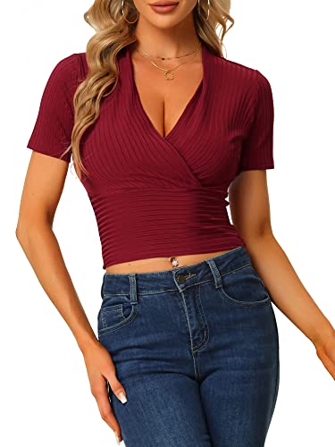 Allegra K Damen Crop Top Bluse Elegant Tief V-Ausschnitt Kurzarm Bauchfrei Figurbetont Oberteil Eng T-Shirt rot XS von Allegra K