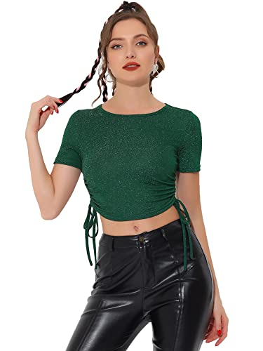 Allegra K Damen Crop Top Glitzer Schmale Kurzarm Passform Kordelzug Glänzende Oberteil Bluse Grün L von Allegra K