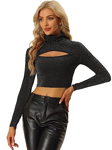 Allegra K Damen Crop Top Party T-Shirt Langarm Cut Out Bauchfrei Hochgeschlossen Oberteil Schwarz XL von Allegra K