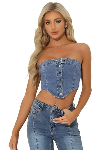 Allegra K Damen Crop Top Trägerlos Korsett Oberteil Ärmellos Denim sexy Tanktop Himmelblau XS von Allegra K