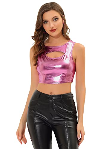 Allegra K Damen Crop Top Ärmellos Bauchfrei Party Clubwear Metallic Tank Top Oberteil Pink S von Allegra K