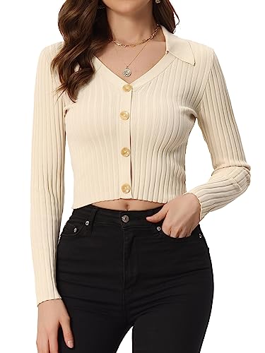 Allegra K Damen Crop Tops Langarm Henley V-Ausschnitt Gerippter Lässig Strick Bluse Beige XS von Allegra K