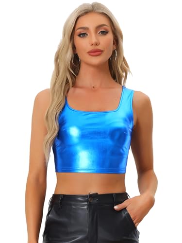 Allegra K Damen Metallic Crop Top Party Tanktop Ärmellos Glänzend Club Bauchfrei Oberteil Blau XL von Allegra K