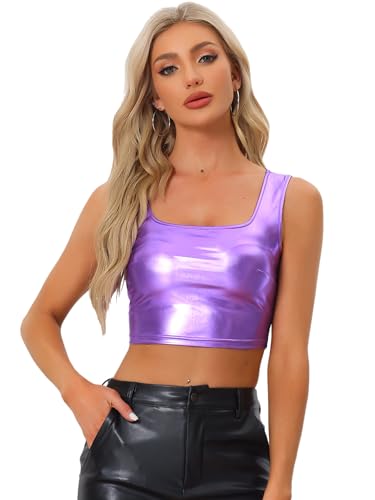 Allegra K Damen Crop Tops Metallic Top Party Oberteile Ärmellos U-Boot Neck Club Bauchfrei Bluse Hell Lila S von Allegra K