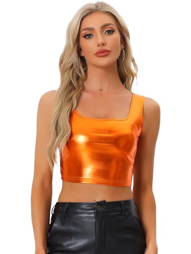 Allegra K Damen Crop Tops Metallic Top Party Oberteile Ärmellos U-Boot Neck Club Bauchfrei Bluse Orange L von Allegra K