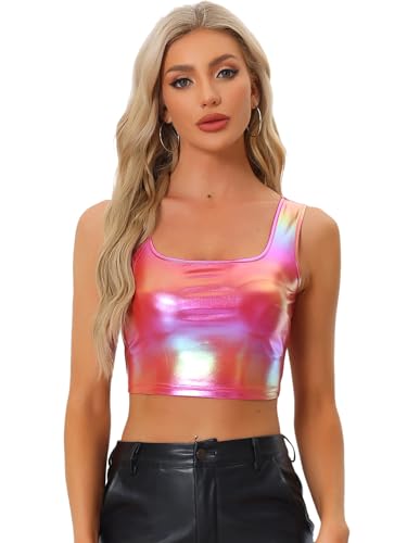 Allegra K Damen Metallic Crop Top Party Tanktop Ärmellos Glänzend Club Bauchfrei Oberteil Rot Rosa L von Allegra K