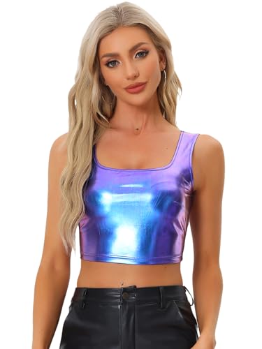 Allegra K Damen Metallic Crop Top Party Tanktop Ärmellos Glänzend Club Bauchfrei Oberteil Schwarz Blau Lila M von Allegra K